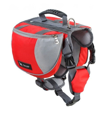 A red and gray pet harness with side storage pockets and adjustable straps designed for outdoor activities.