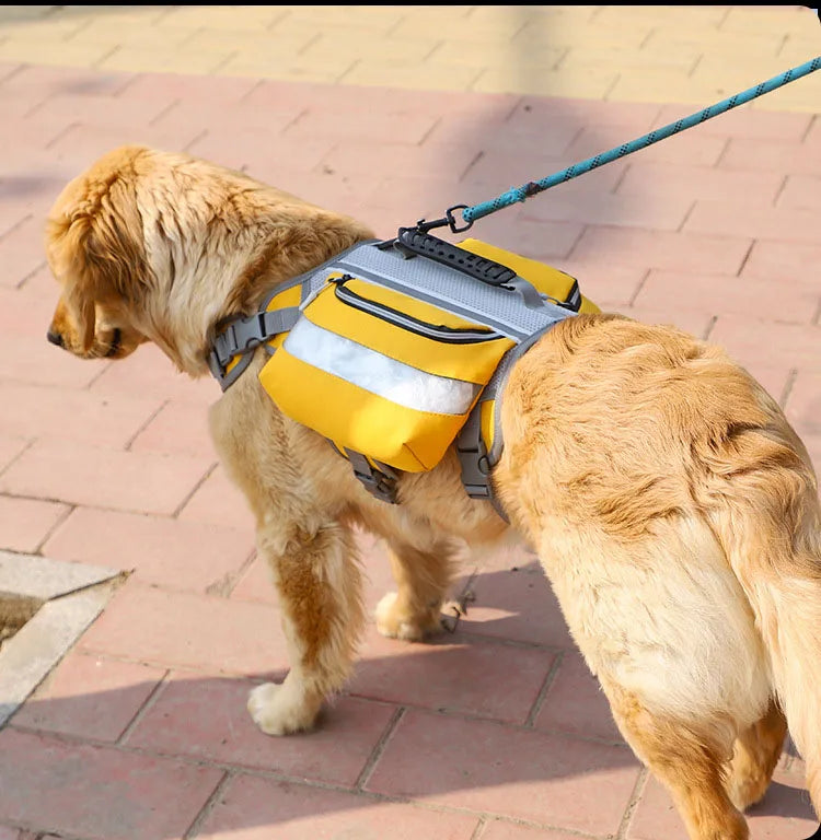 Dog wearing hiking backpack with two side storage pockets