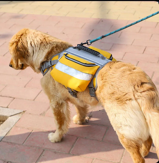 Dog wearing hiking backpack with two side storage pockets