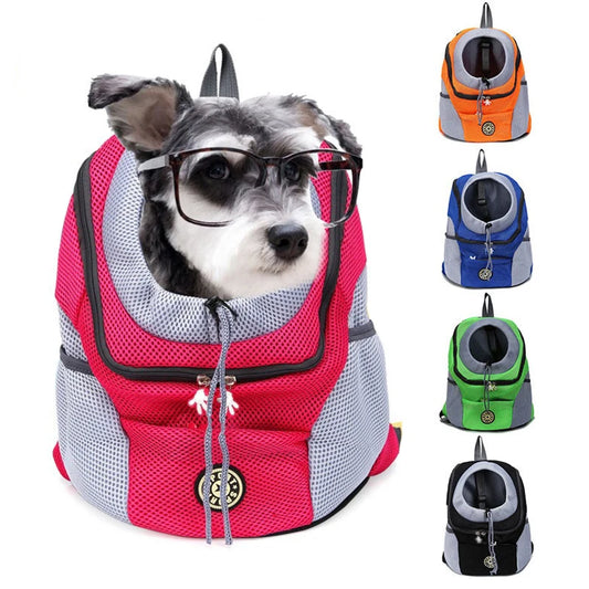 Pet riding in carrier backpack for hiking and travel
